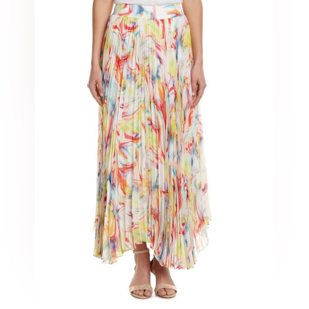 Alice + Olivia watercolor pleated maxi skirt asymmetrical hemline size 0